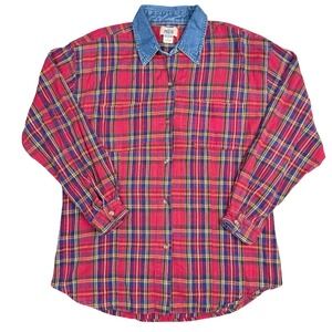 Vintage 90s Plaid Flannel Shirt Denim Collar Grunge Workwear Red Blue Large